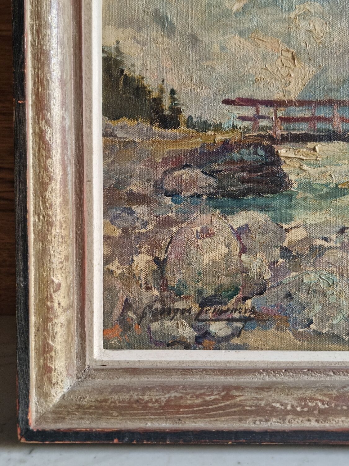 Georges Lemmers, oil on canvas, the bridge in the mountains