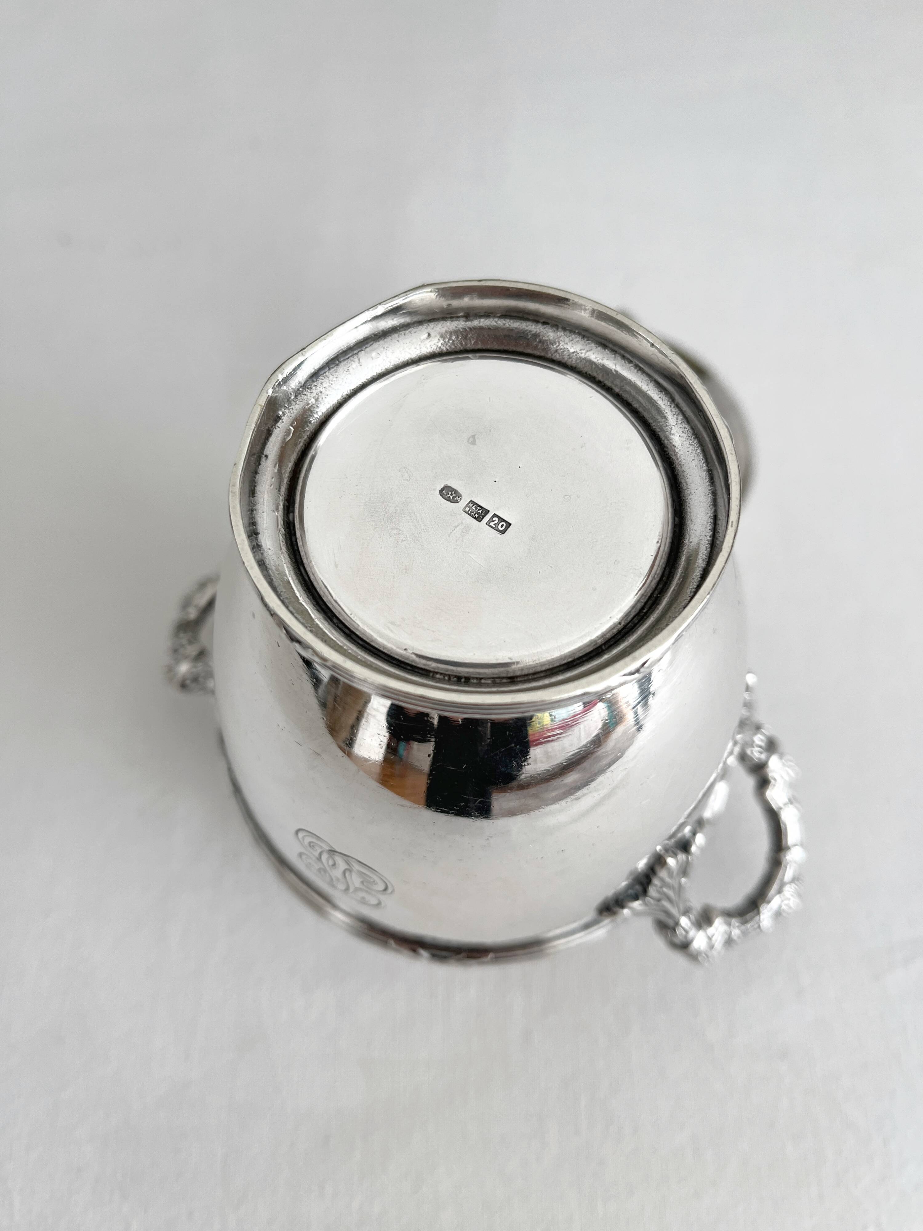 Antique monogrammed silver-plated metal sugar bowl