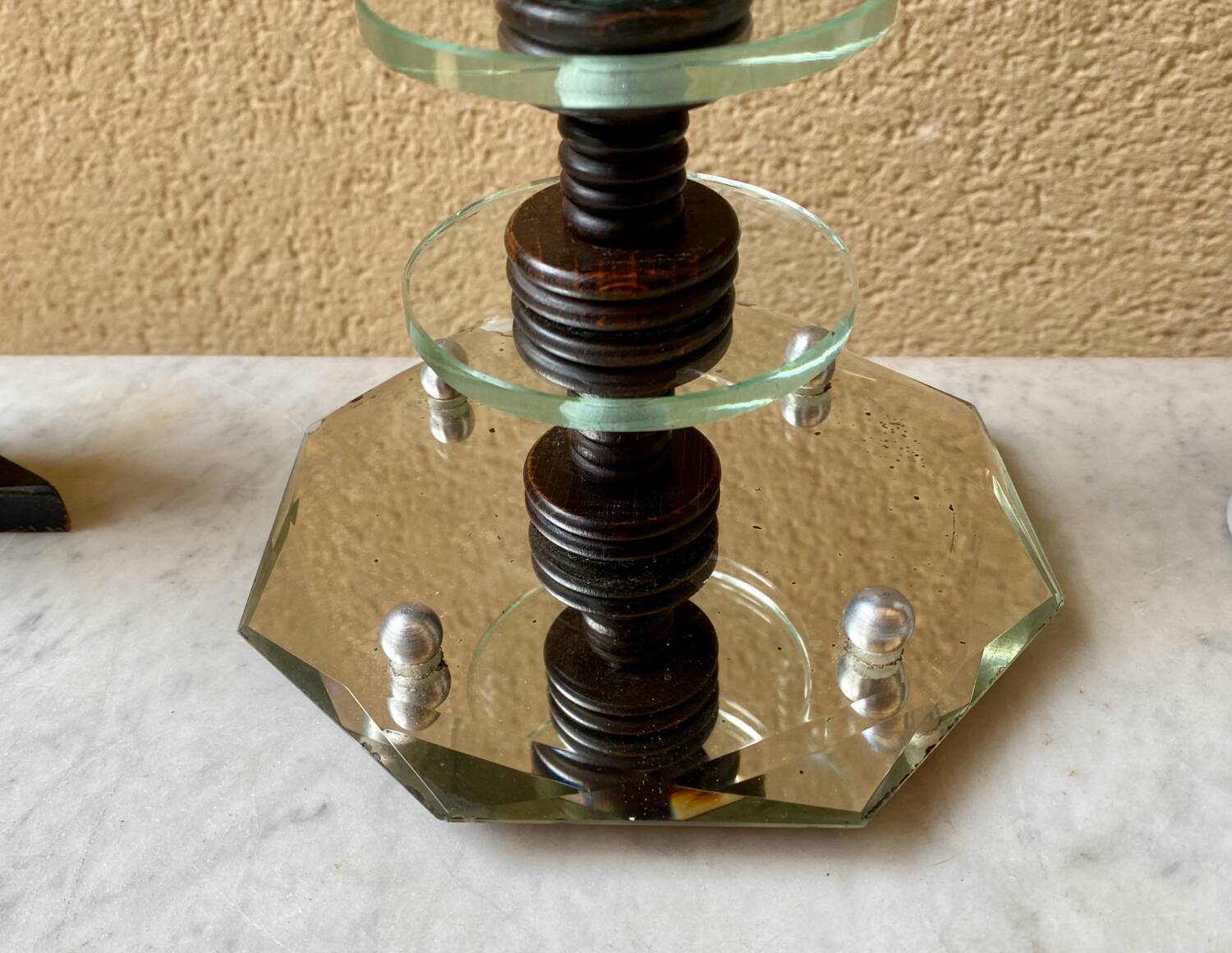 Art deco mirror glass & wood lamp base modernist design