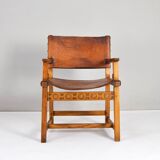 19th century oak and cognac leather brutalist castellana spanish armchair