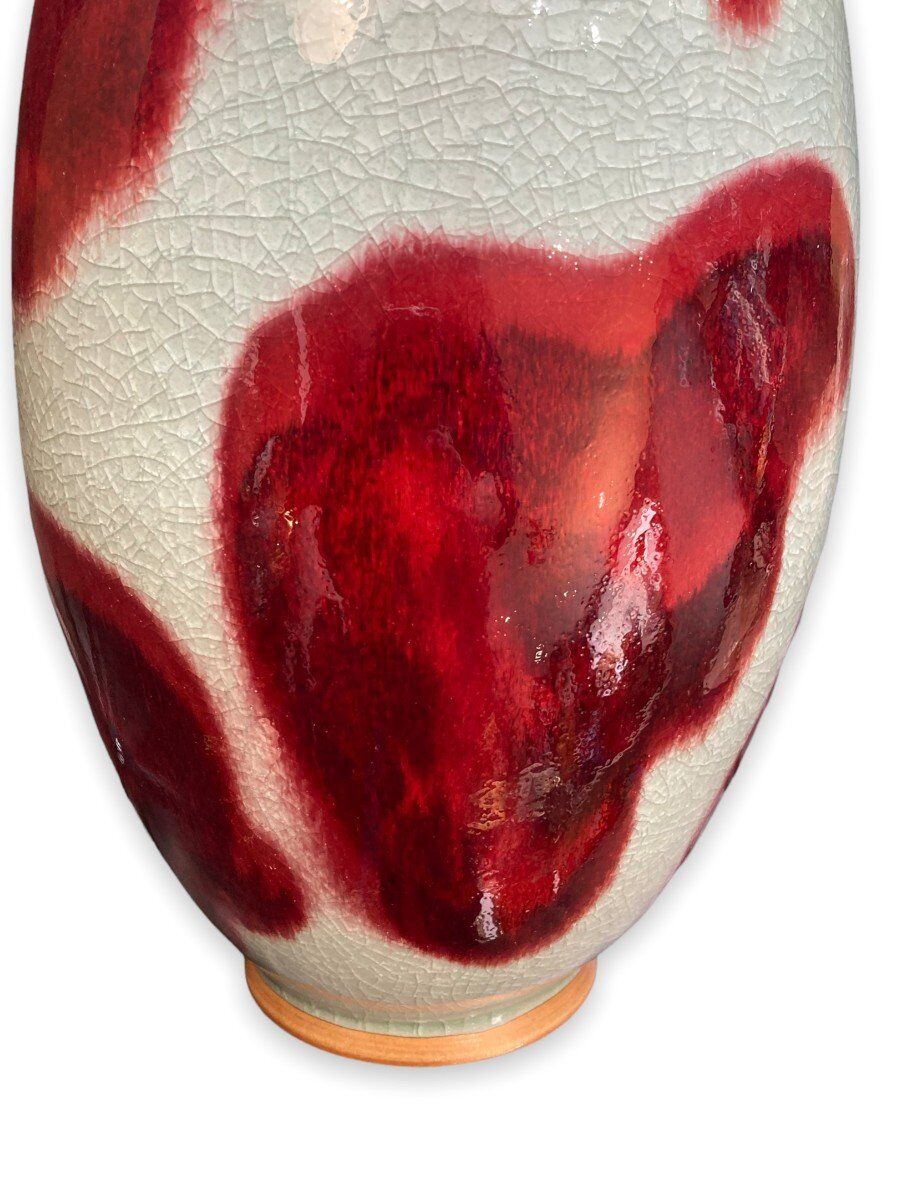 Large baluster vase in Chinese cracked ceramic Pigeon blood and celadon