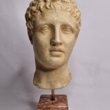Bust of Hermes in patinated plaster on brown marble base, 34 cm