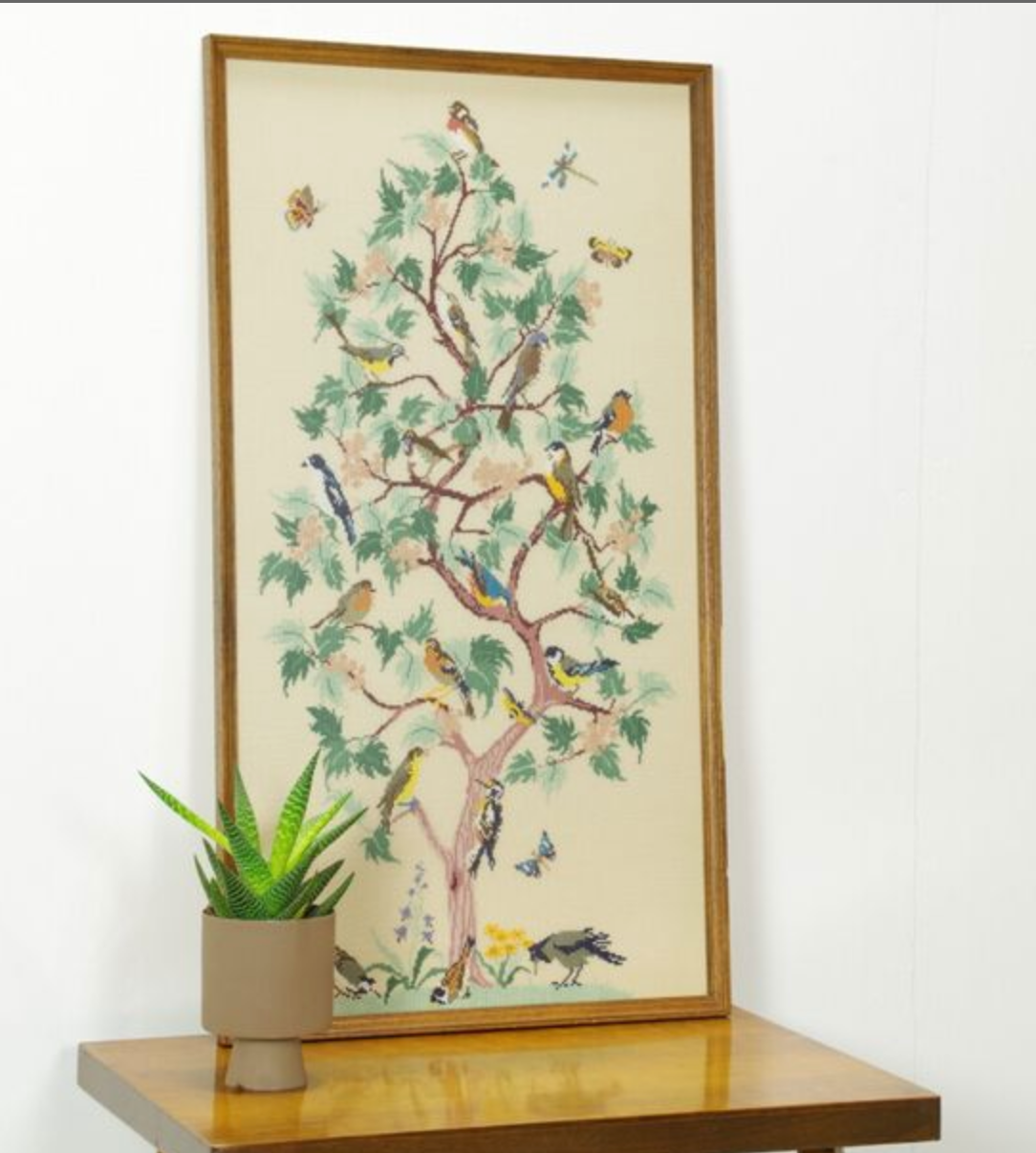 Vintage bird embroidered paint with wooden frame
