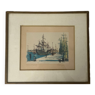 Jean carzou ( 1907-2000 ), vue d’un port - litho épreuve d’ artiste signée 1954