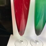 Set of 4 champagne flutes in colored glass 70s