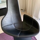 Fjord Moroso armchair with its pouf, design Patricia Urquiola 2002, steel and smooth black leather