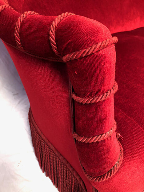 Napoleon III confidant sofa, red velvet trim redone