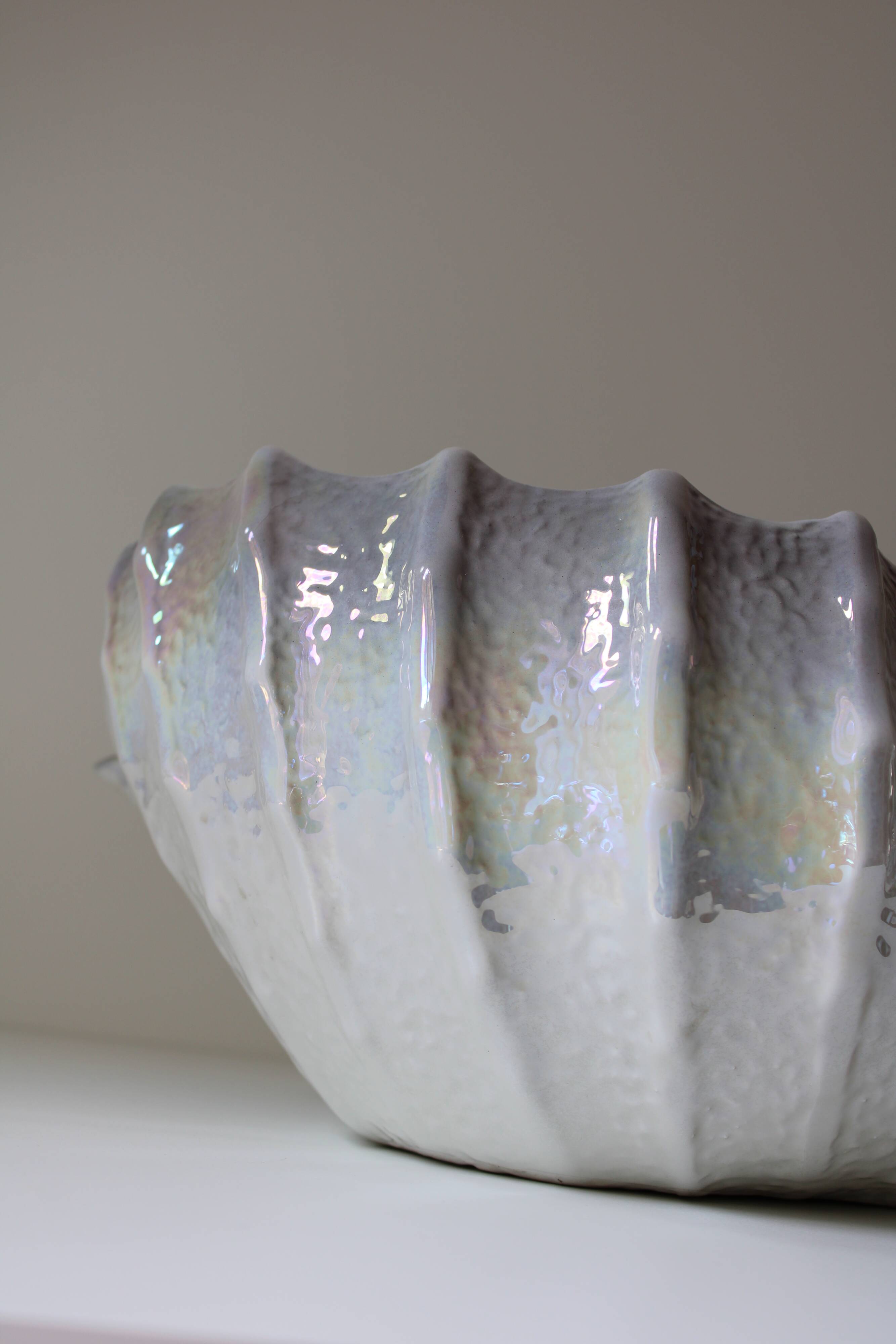 Large iridescent barbotine shell bowl, Italy vintage