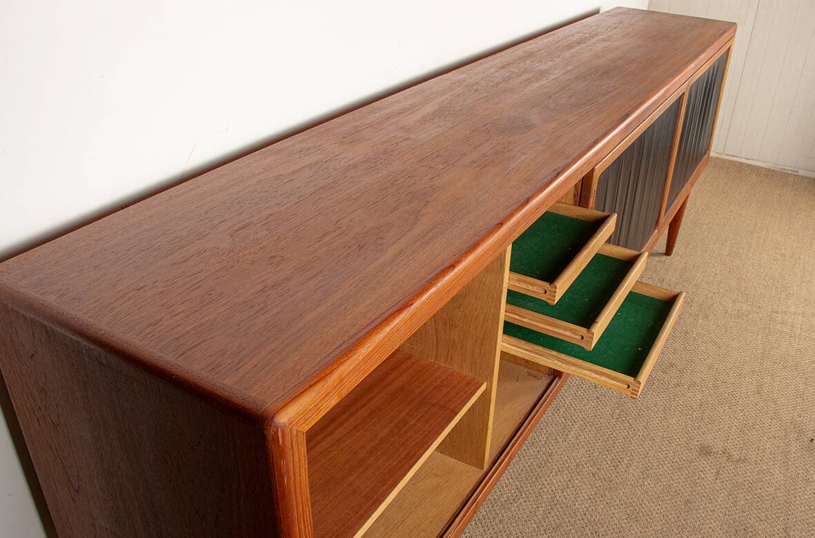 Extra long Danish sideboard, teak, oak, leatherette, 280 cm, Arne Hovmand-Olsen