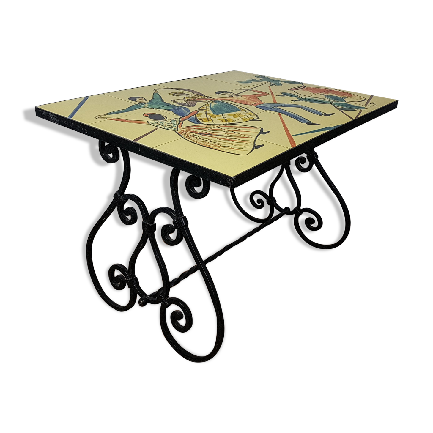 Wrought iron coffee table porcelain tray painted with a vintage Provencal scene 60s/70s