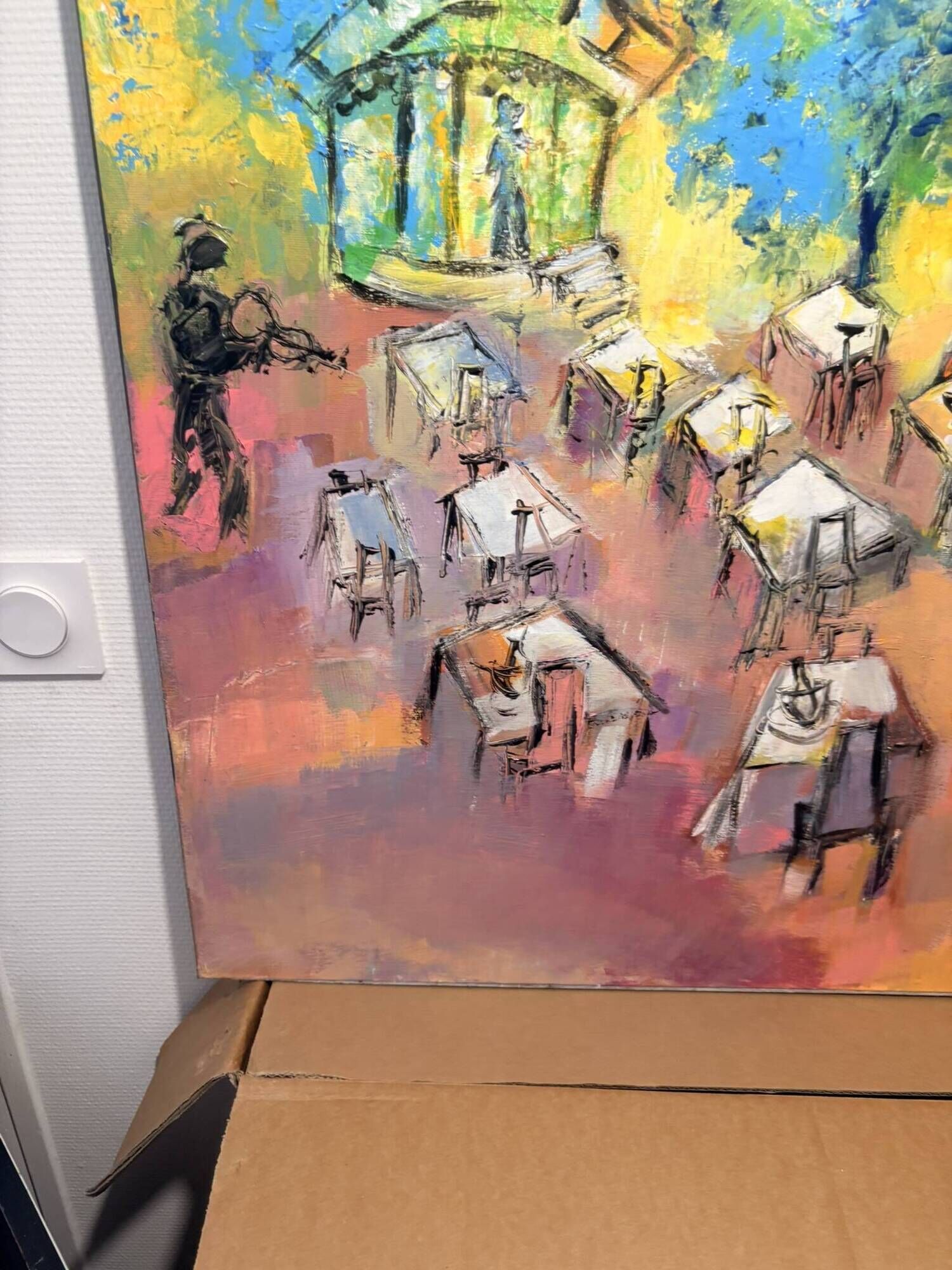 Oil Painting Canvas Deloison Scene Life Kiosk Café Bar Music