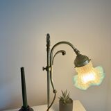 Art Nouveau style gilded brass lamp with sky blue opaline tulip
