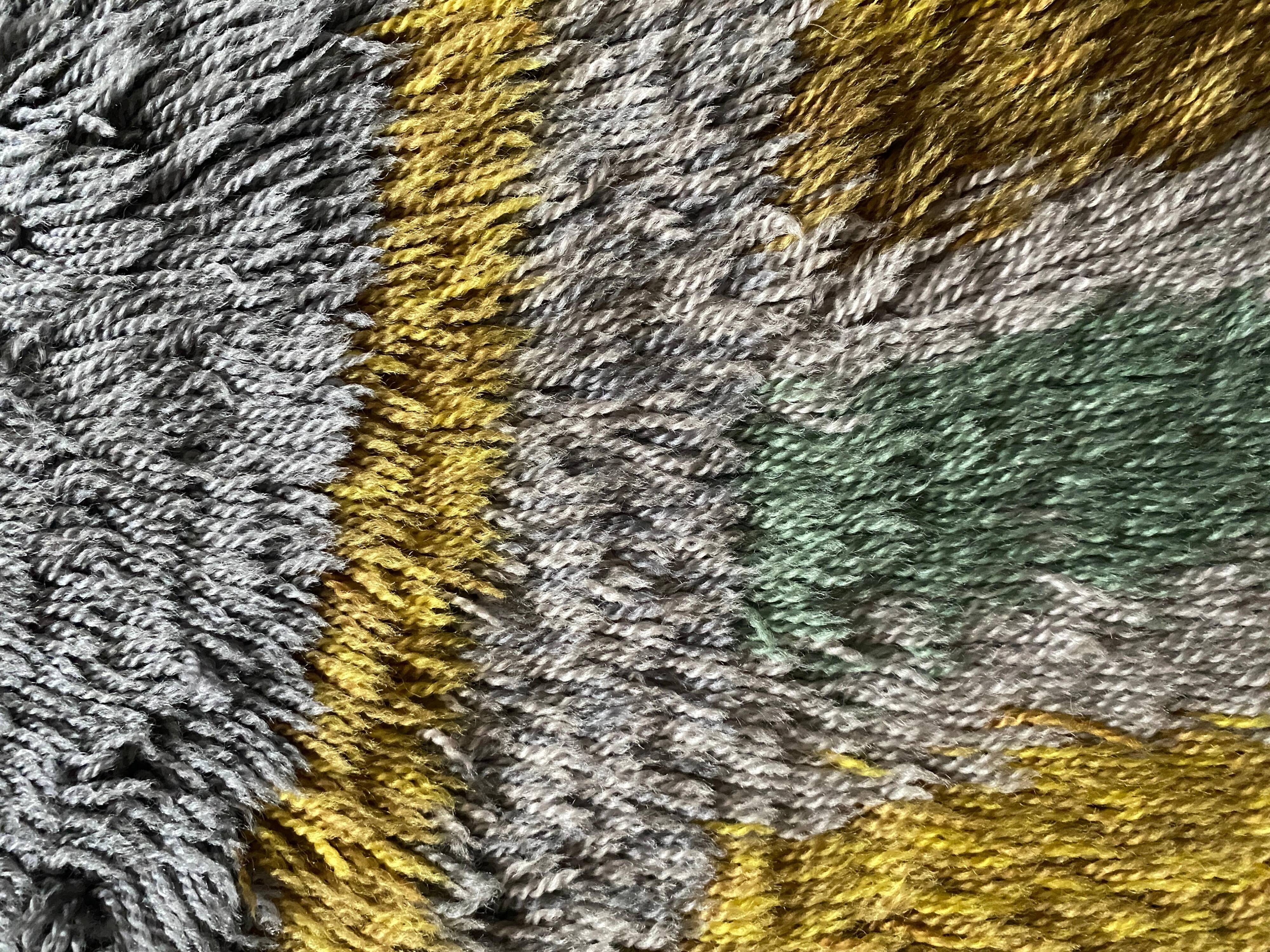 Mid-century Modern High Pile, Yellow, Aquamarine & Grey Rya Rug, Sweden, 1960s