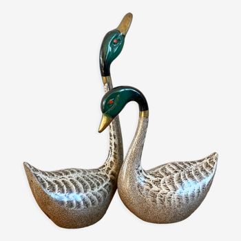Pair of painted brass swans or ducks