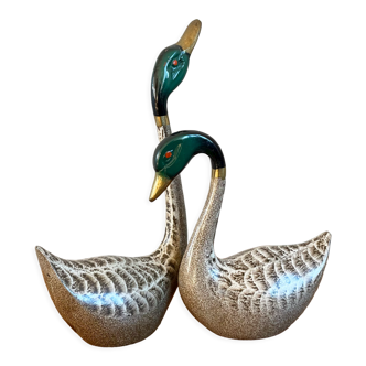 Pair of painted brass swans or ducks