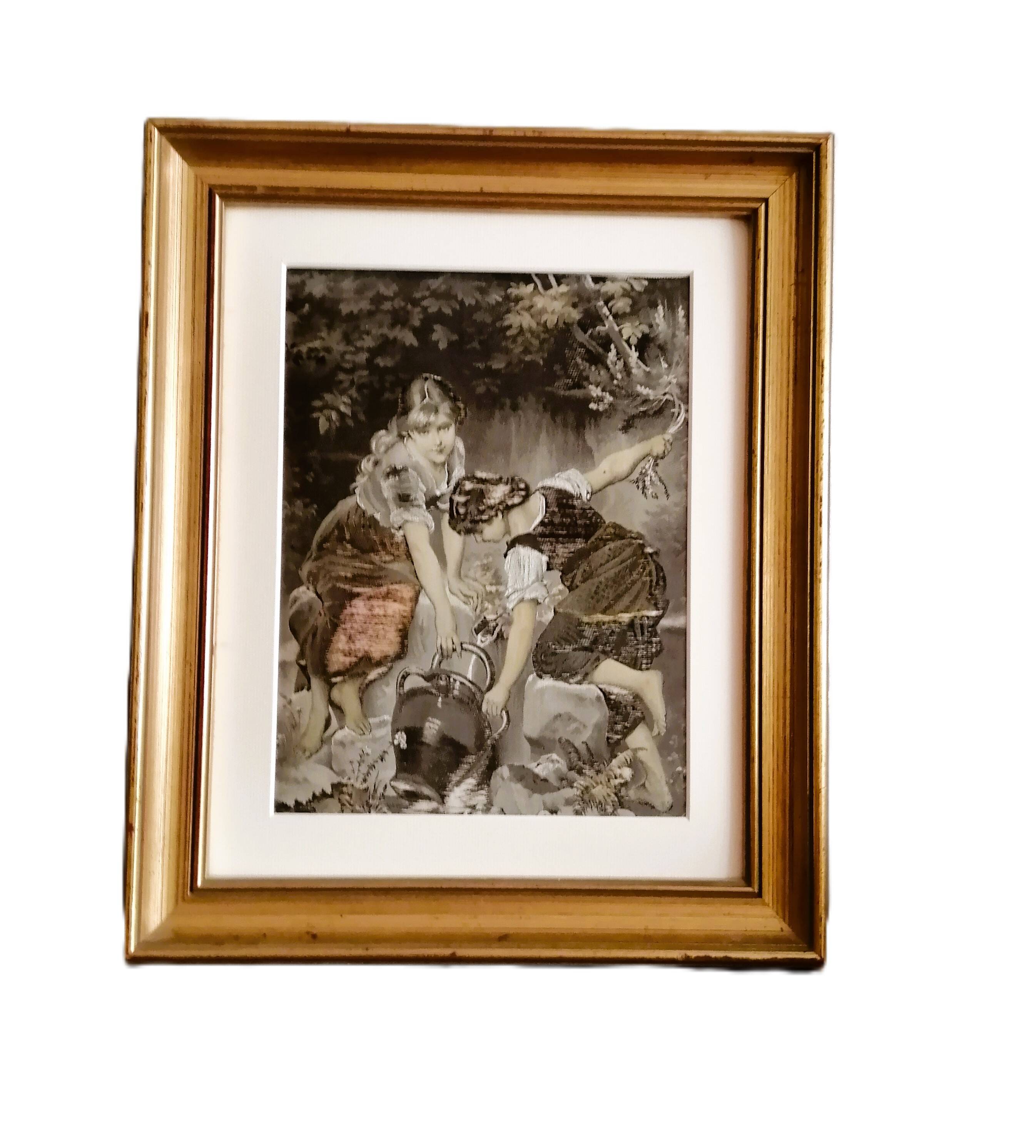 PAINTING ON FABRIC, GILDED FRAME - Young girls at a fountain. (Paris 12th arrondissement)