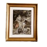 PAINTING ON FABRIC, GILDED FRAME - Young girls at a fountain. (Paris 12th arrondissement)