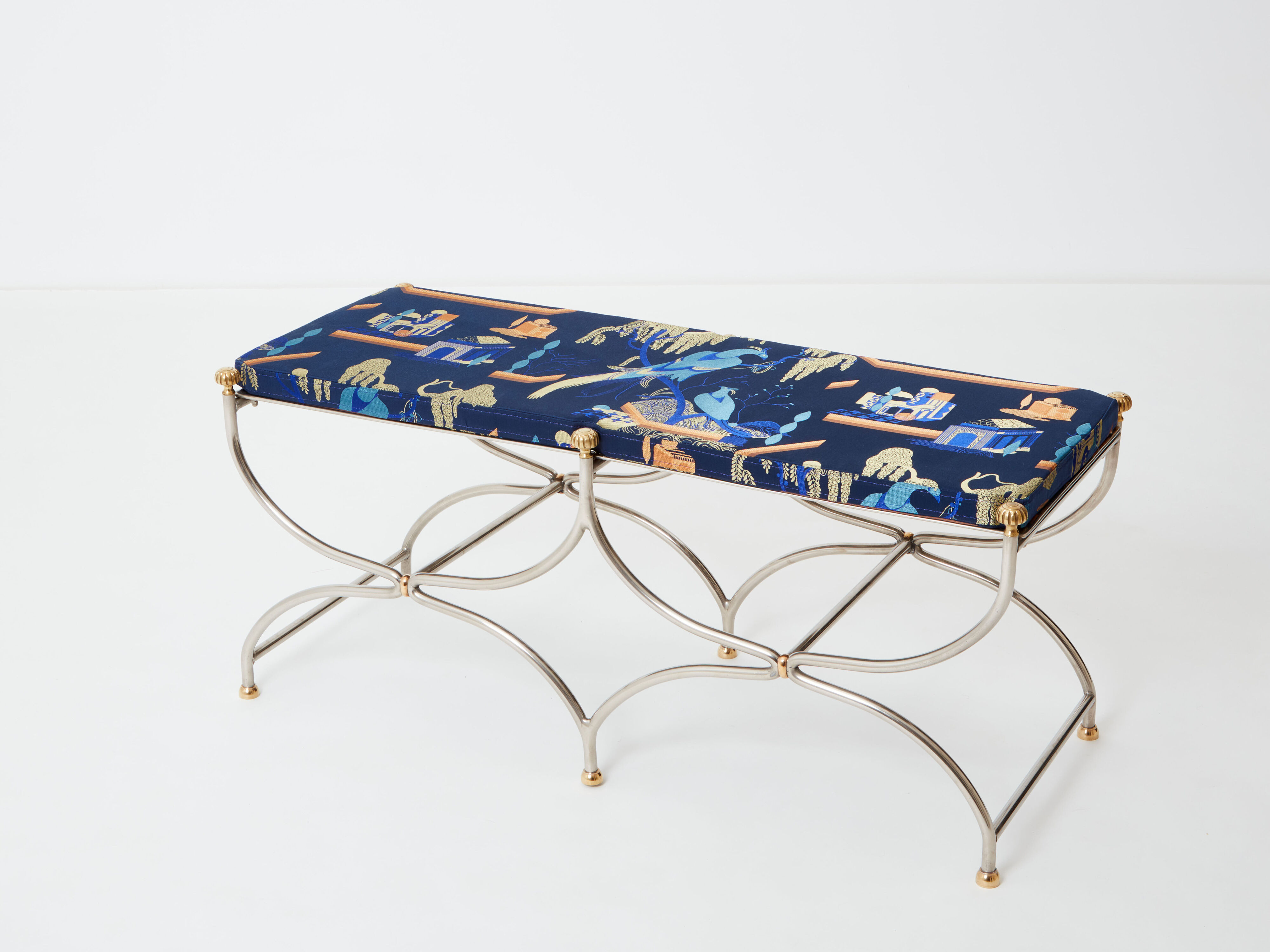 Brass jacquard steel curule bench from Maison Jansen circa 1960