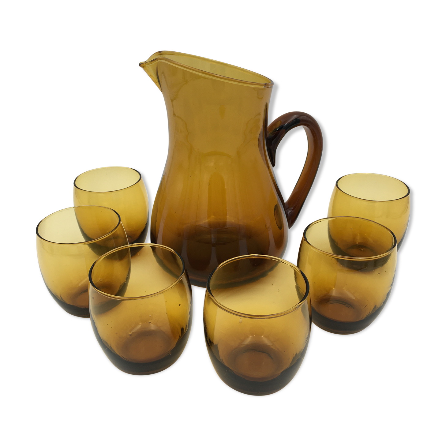 Service à orangeade vintage en verre ambré, années 1970