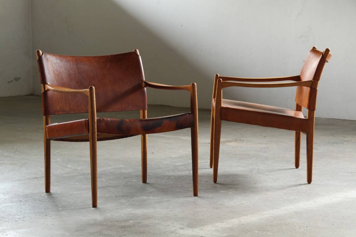Pair of vintage Per-Olof Scotte "Premier 69" oak armchairs in cognac leather