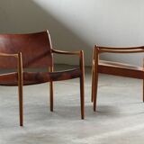 Pair of vintage Per-Olof Scotte "Premier 69" oak armchairs in cognac leather