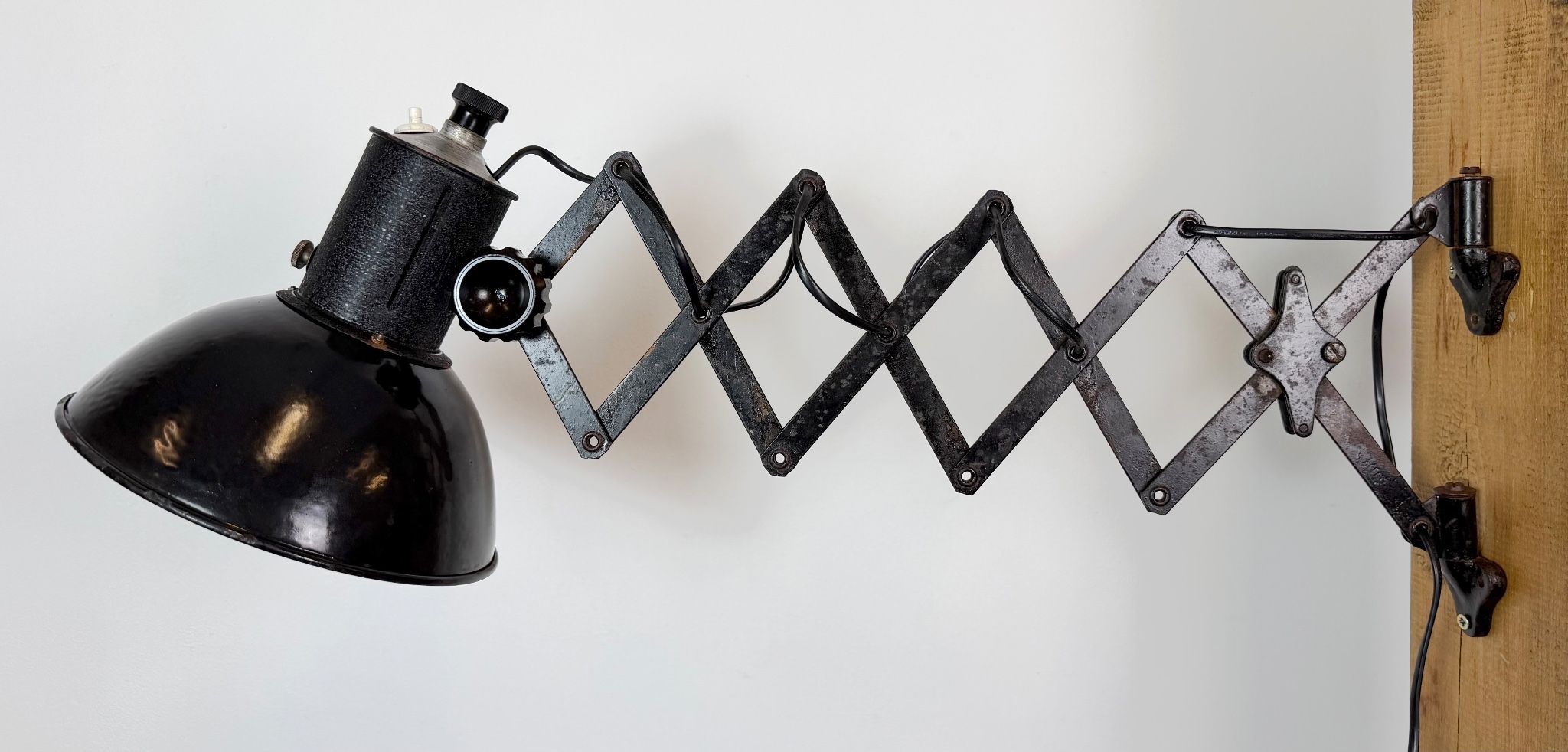 Industrial Black Enamel Scissor Wall Lamp, 1950s