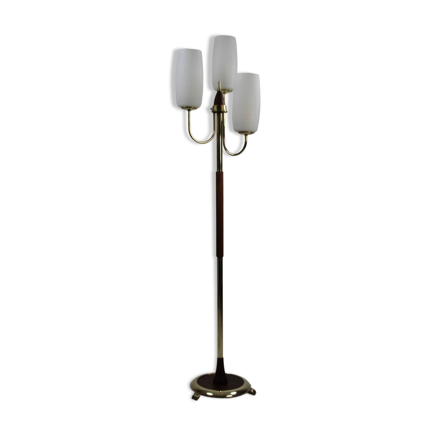 Brass & Teak Three-Light Candelabra Floor Lamp — Scandinavia, 1940s/1950s