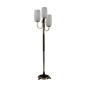 Brass & Teak Three-Light Candelabra Floor Lamp — Scandinavia, 1940s/1950s