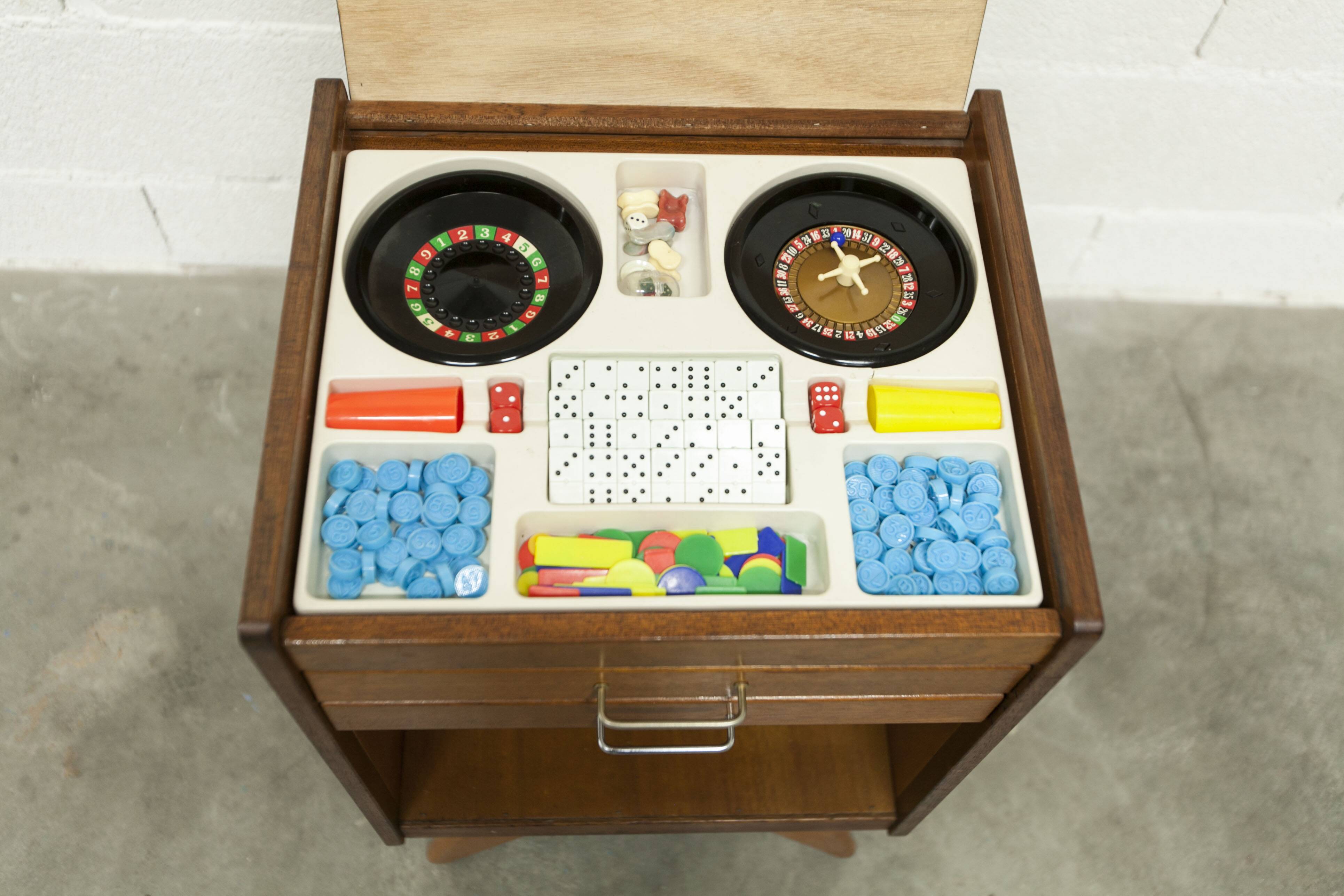 Unique 1960s bedside table with 15 complete games, compass legs, 1960s