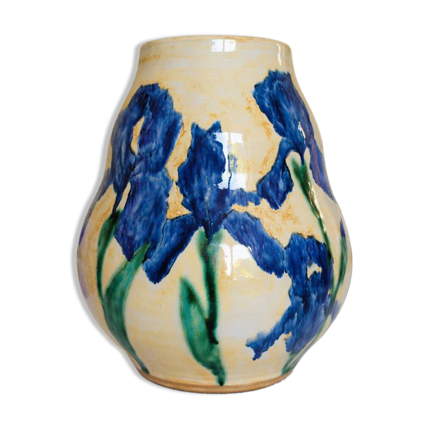 Hand-painted decorative vase with blue/purple irises.
