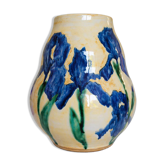 Hand-painted decorative vase with blue/purple irises.