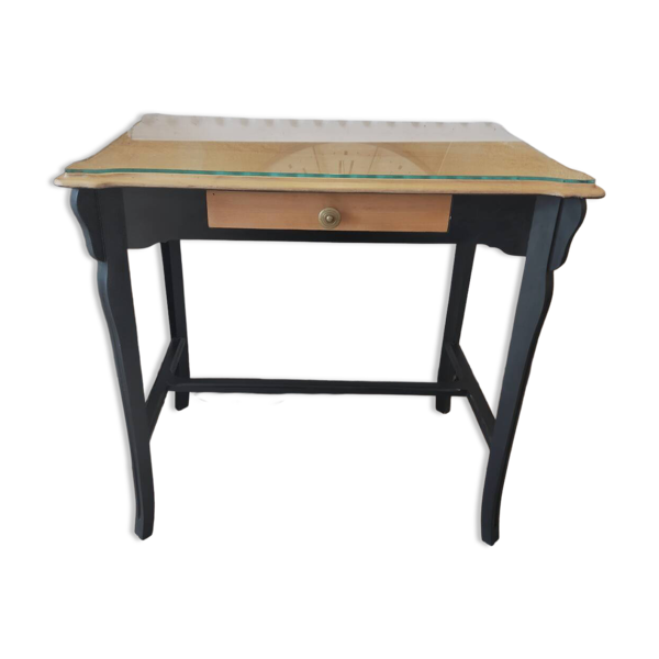 Console relookée bois & noir – style campagne chic – avec plateau verr