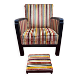 Art Deco armchair in multicolored striped fabric and its footrest
