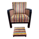 Art Deco armchair in multicolored striped fabric and its footrest