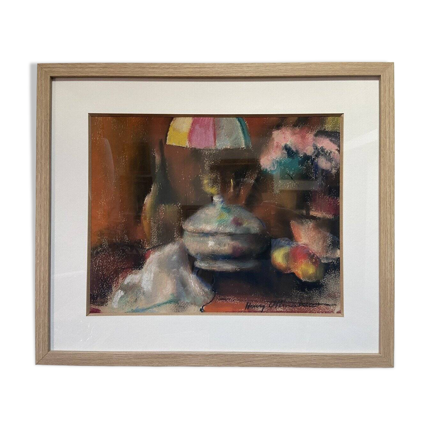 Still life with lamp, signed pastel