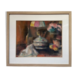 Still life with lamp, signed pastel