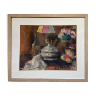 Still life with lamp, signed pastel