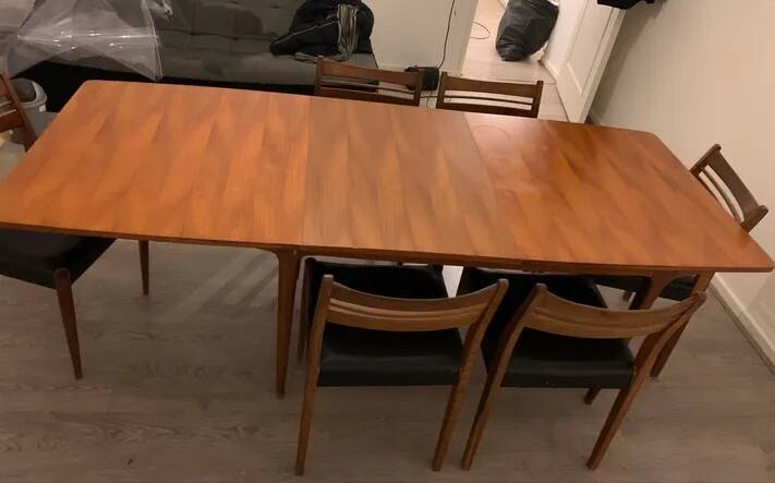 Set of 6 chairs plus table Scandinavian vintage teak 60s