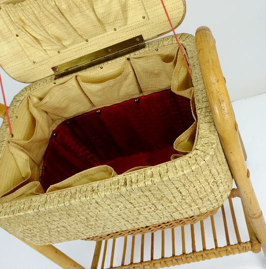 1950s mid century bamboo rattan wicker sewing box or knitting basket