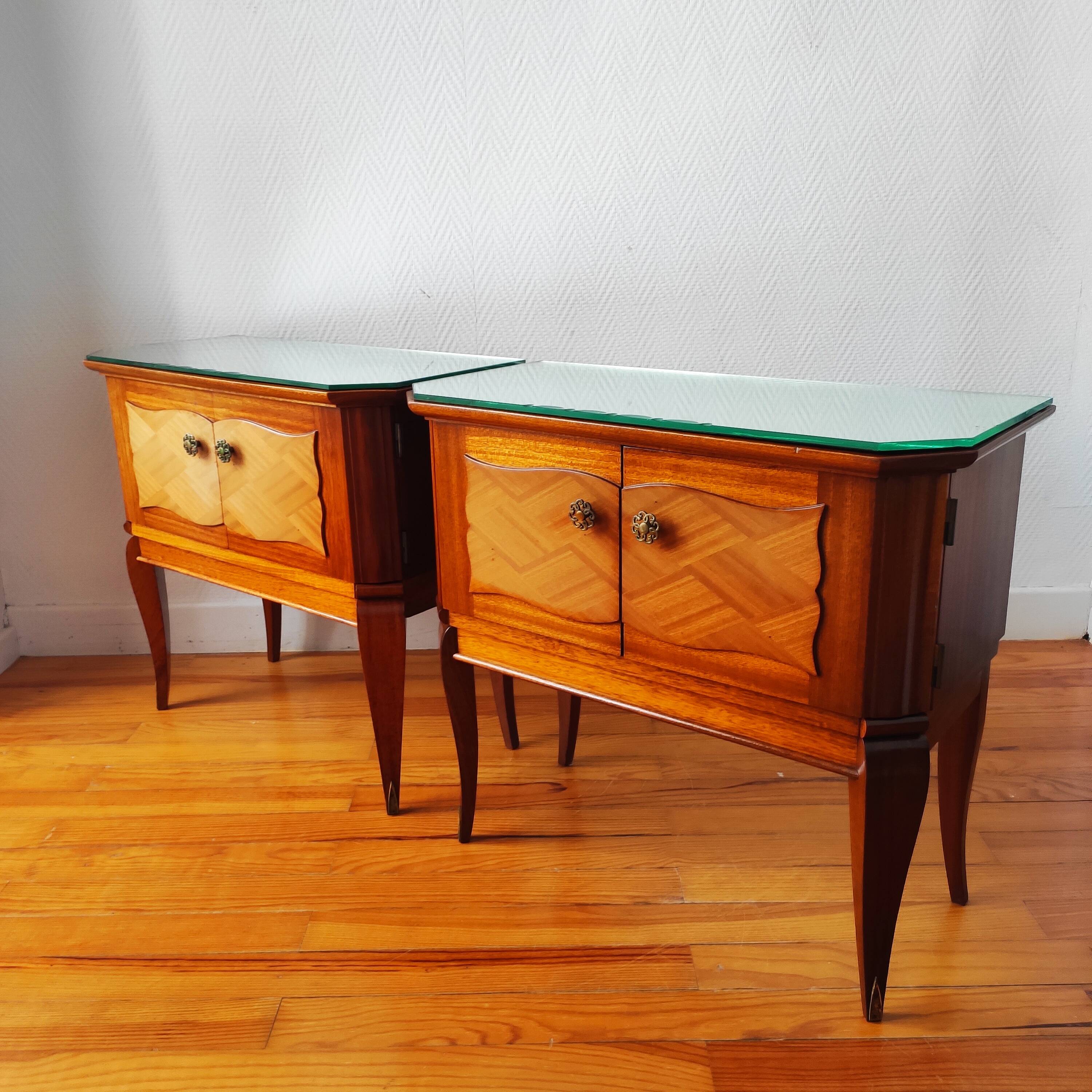 Pair of Art Deco bedside tables, mirrored top.