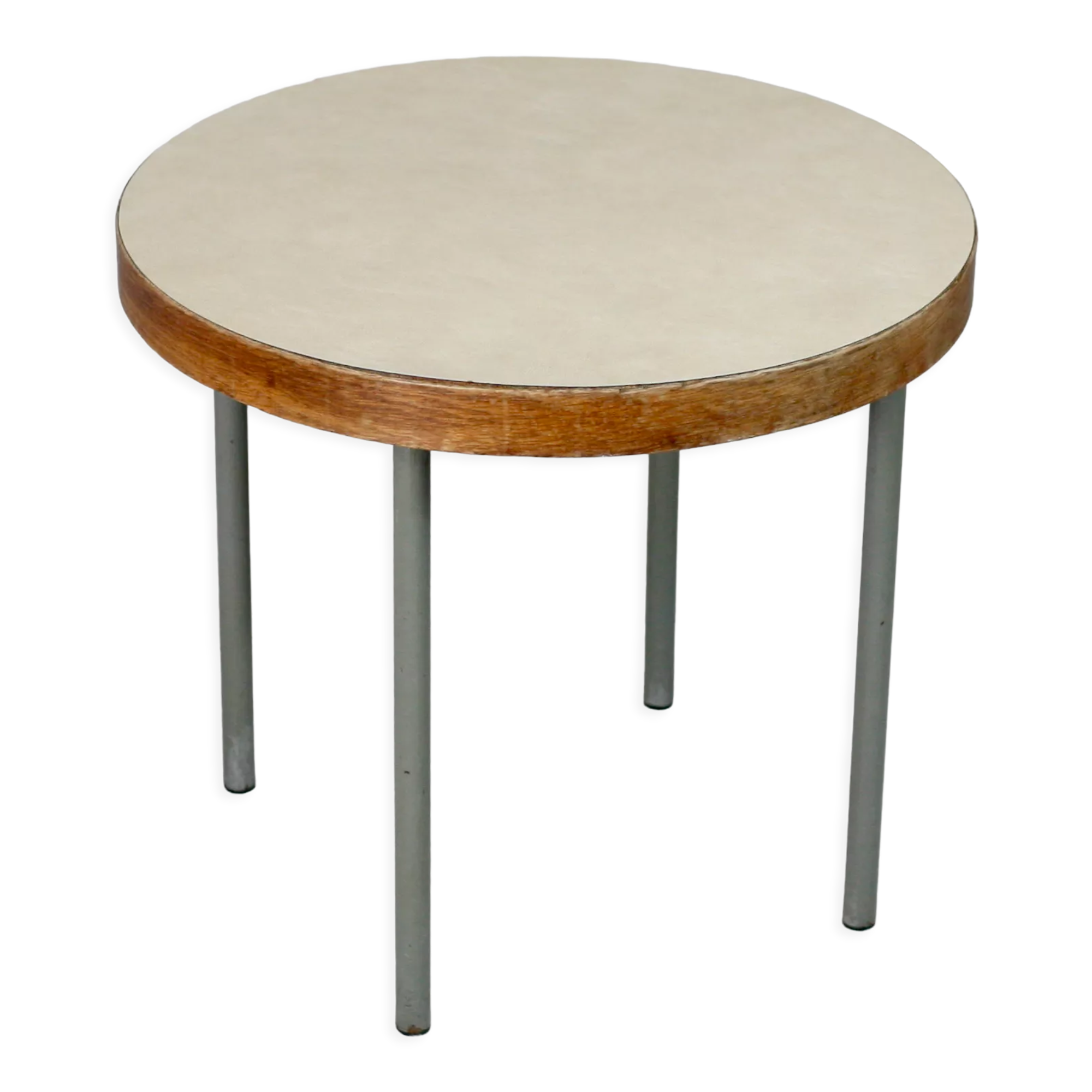Side table tubular steel base, round top strapping wood, France, circa 1950