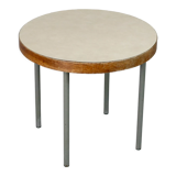 Side table tubular steel base, round top strapping wood, France, circa 1950