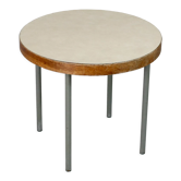 Side table tubular steel base, round top strapping wood, France, circa 1950