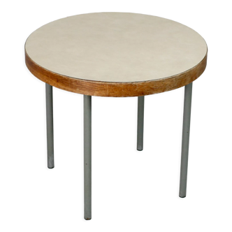 Side table tubular steel base, round top strapping wood, France, circa 1950