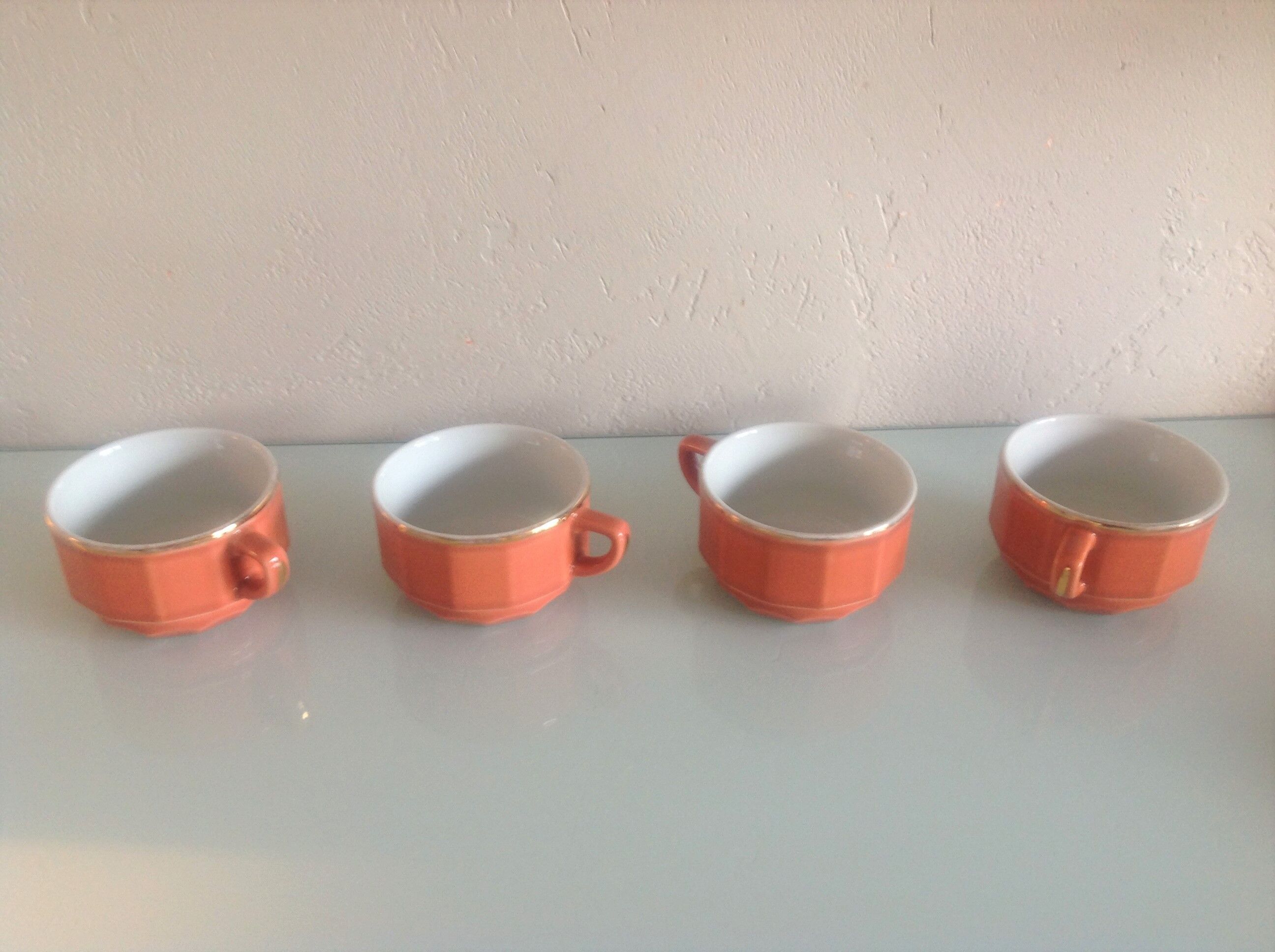Bistro style four-mugs suite orange-pink by Apilco /vintage 70-80
