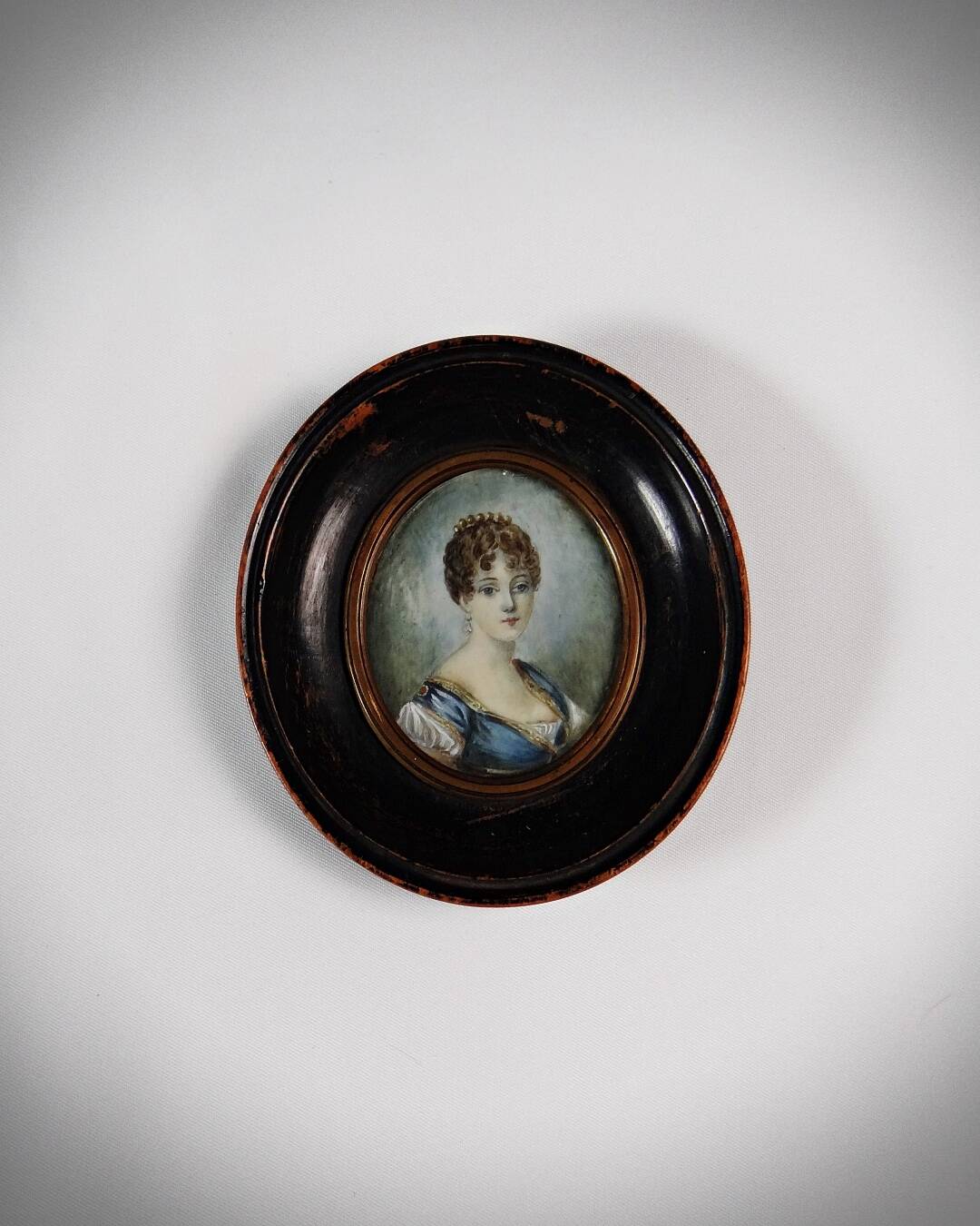 Tondo miniature portrait of a woman Empire style hand-painted gouache