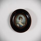 Tondo miniature portrait of a woman Empire style hand-painted gouache