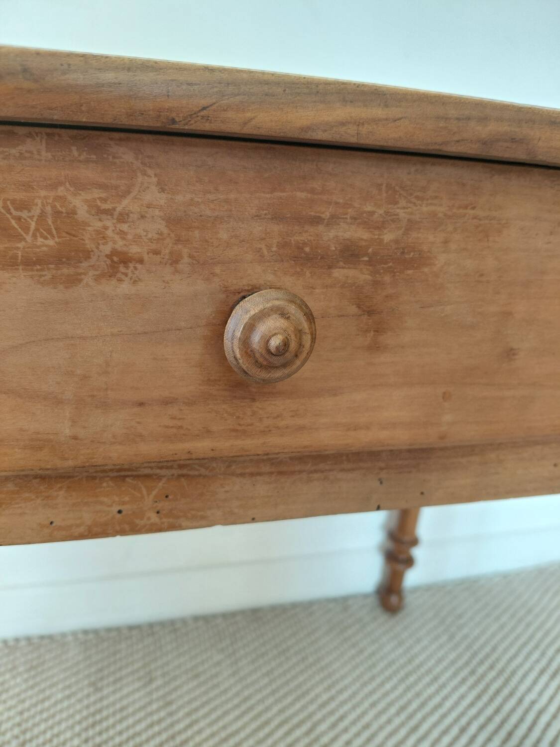 Old solid wood console - turned legs - drawer in chic country style