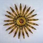 Large French sunburst flower leafed light fixture in gilt metal, 1960s