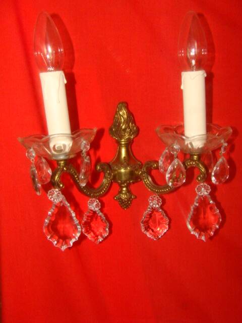 pair of bronze and crystal wall lights with 2 arms